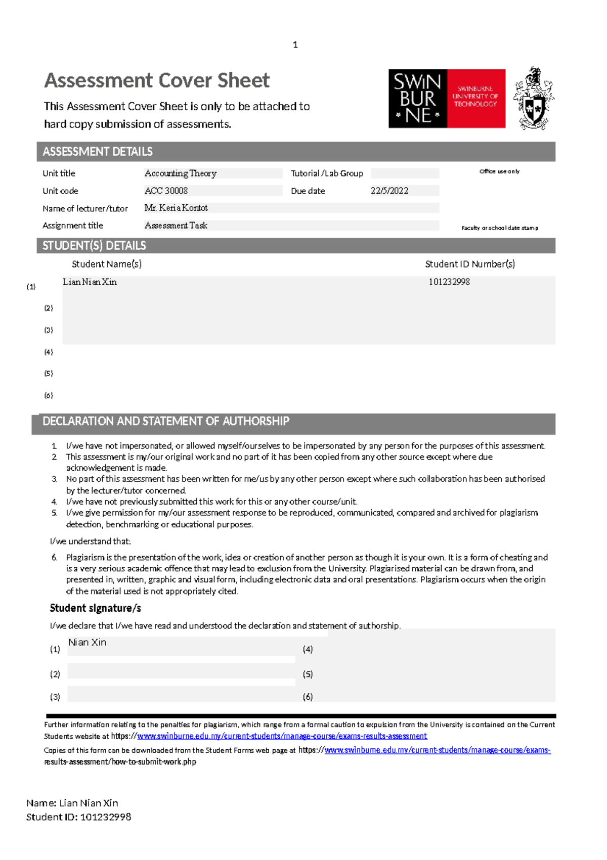 LIAN NIAN XIN 101232998 Assessment TASK - Assessment Cover Sheet This ...