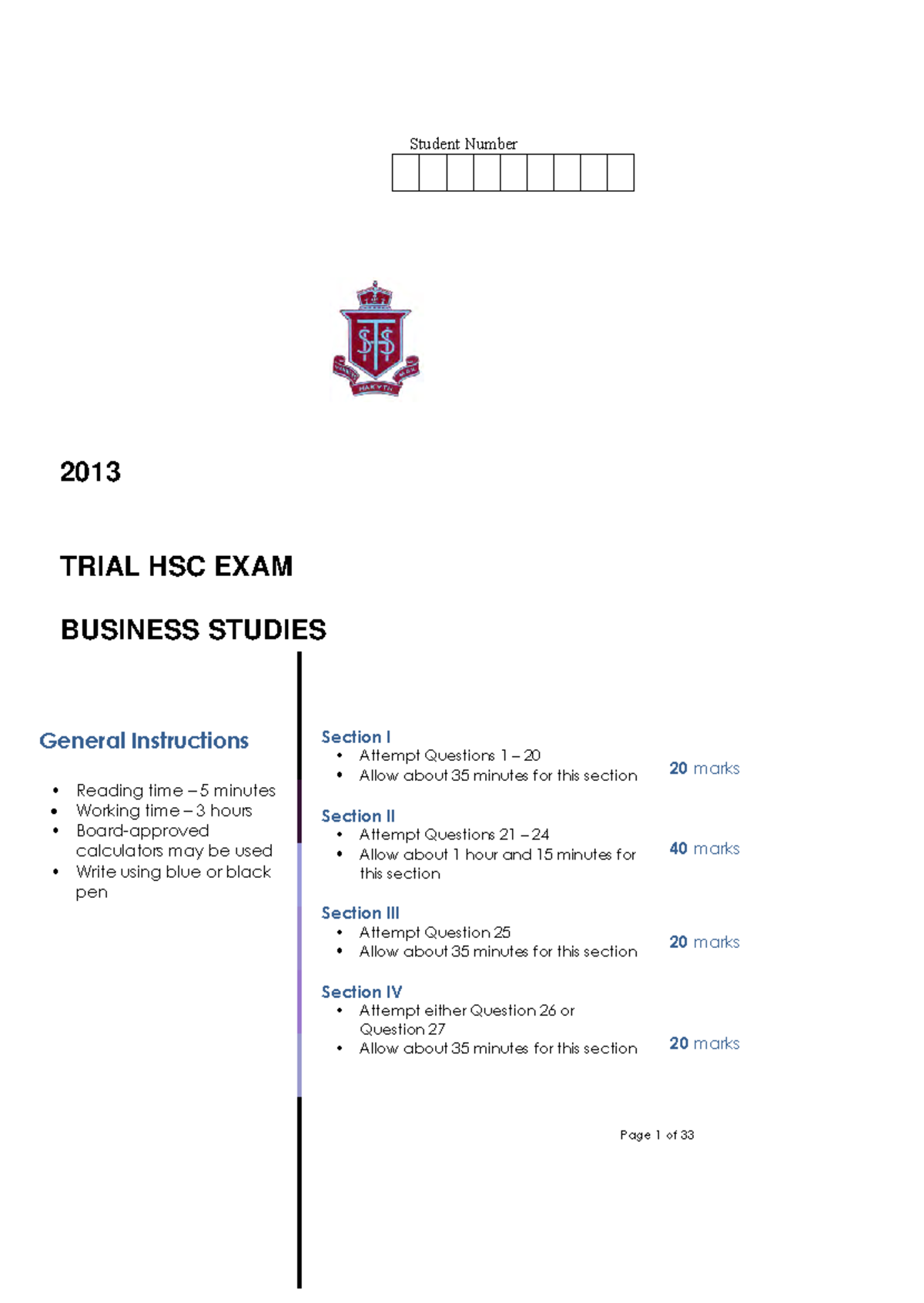 Sydney Tech Trial 2013 - Student Number 2013 TRIAL HSC EXAM BUSINESS ...