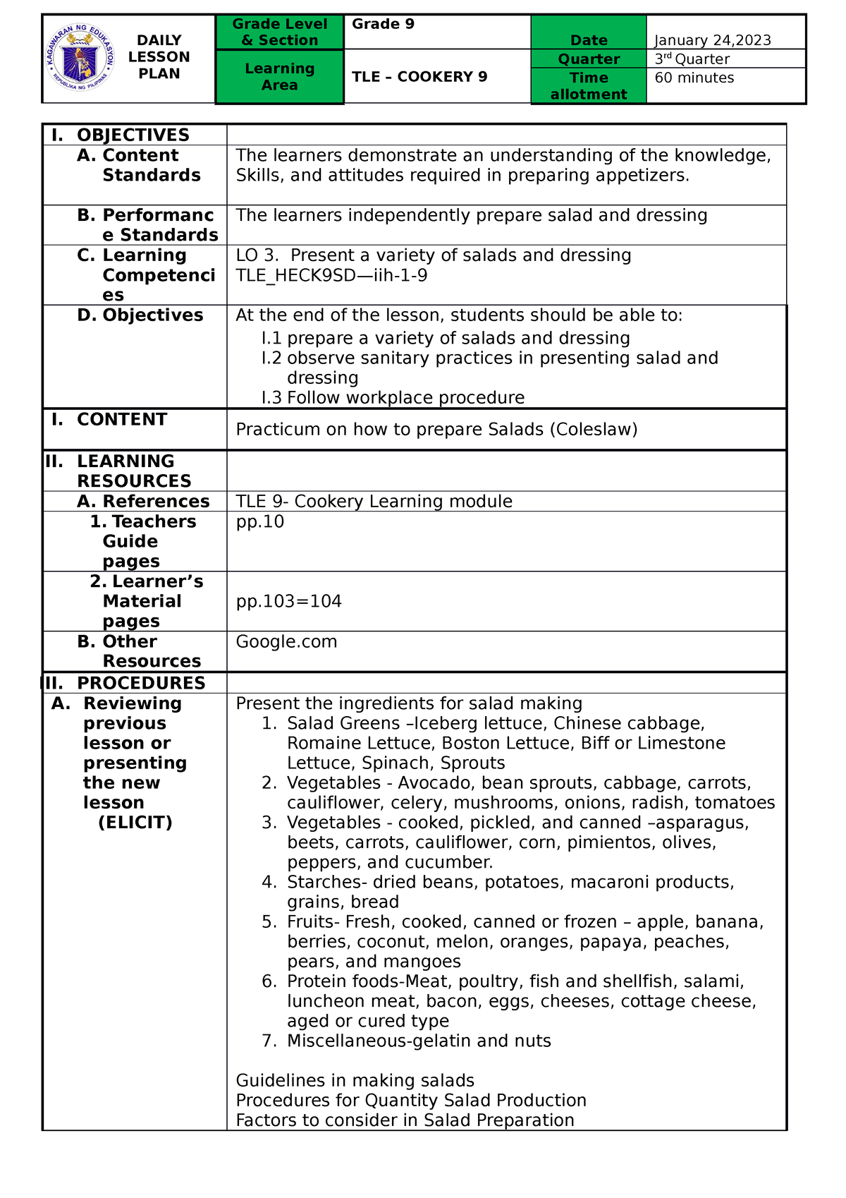 COT-2nd-prince - Cott - DAILY LESSON PLAN & Section Date January 24 ...