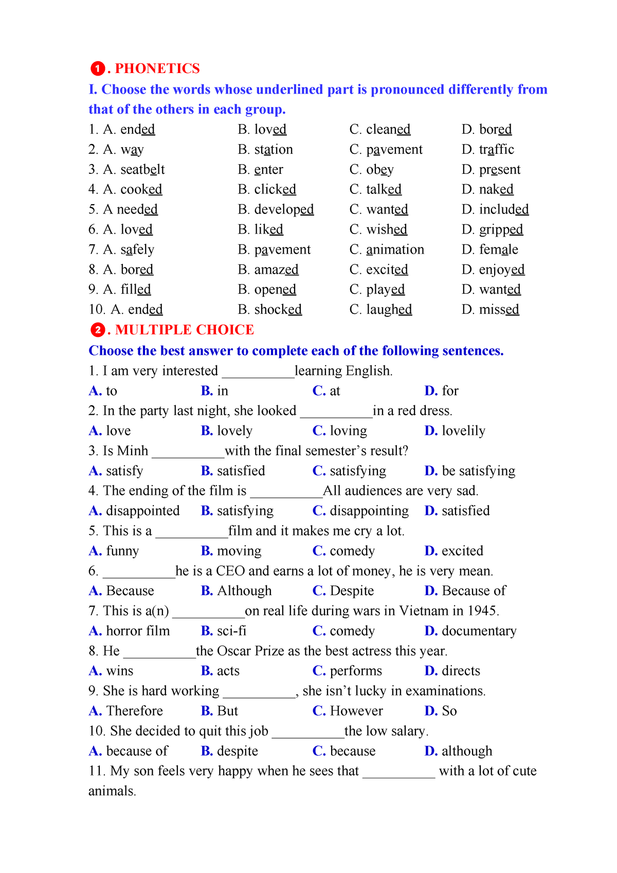 Unit 8 - PRACTICE TEST - . PHONETICS I. Choose The Words Whose ...