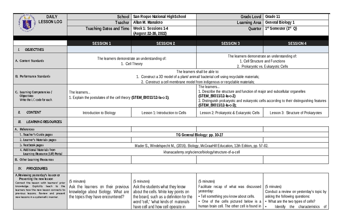Week 1 Bio DLL Final - Science - LESSON LOG Teacher Allan M. Manaloto ...