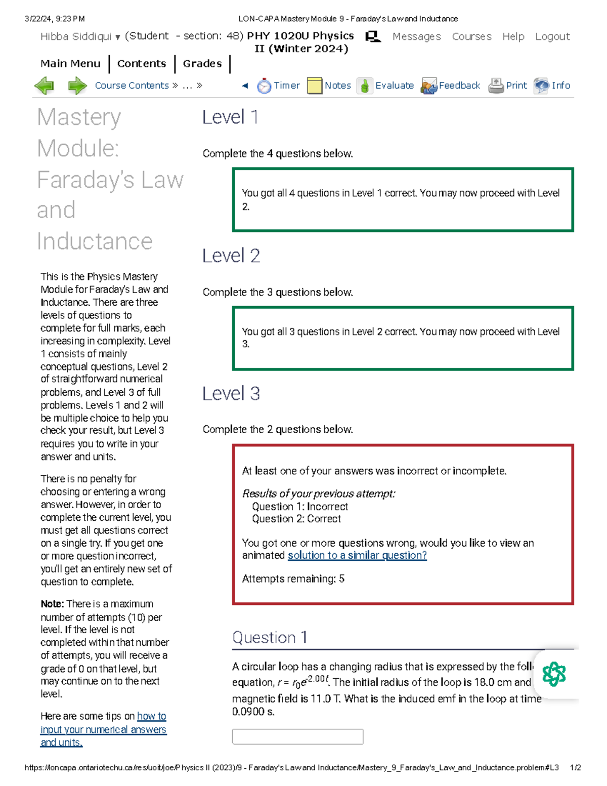 LON-CAPA Mastery Module 9 - Faraday's Law and Inductance 3 - 3/22/24, 9 ...