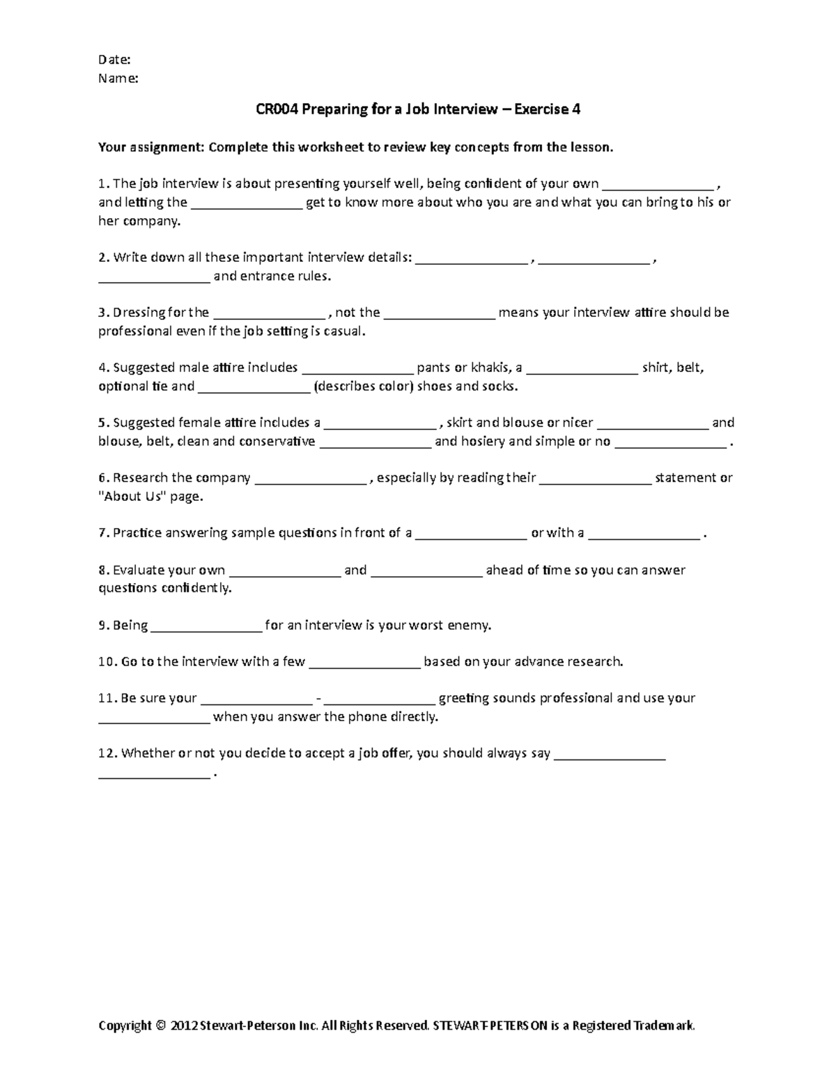 Preparing for a Job Interview Worksheet - Date:Name: CR004 Preparing ...