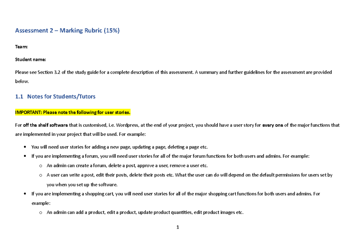 ISY73001 Assessment 2 Rubric - Assessment 2 – Marking Rubric (15%) Team ...