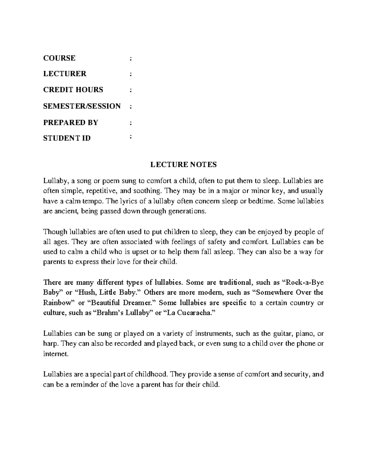 Lullaby Lecture Notes - 2023 - COURSE : LECTURER : CREDIT HOURS ...
