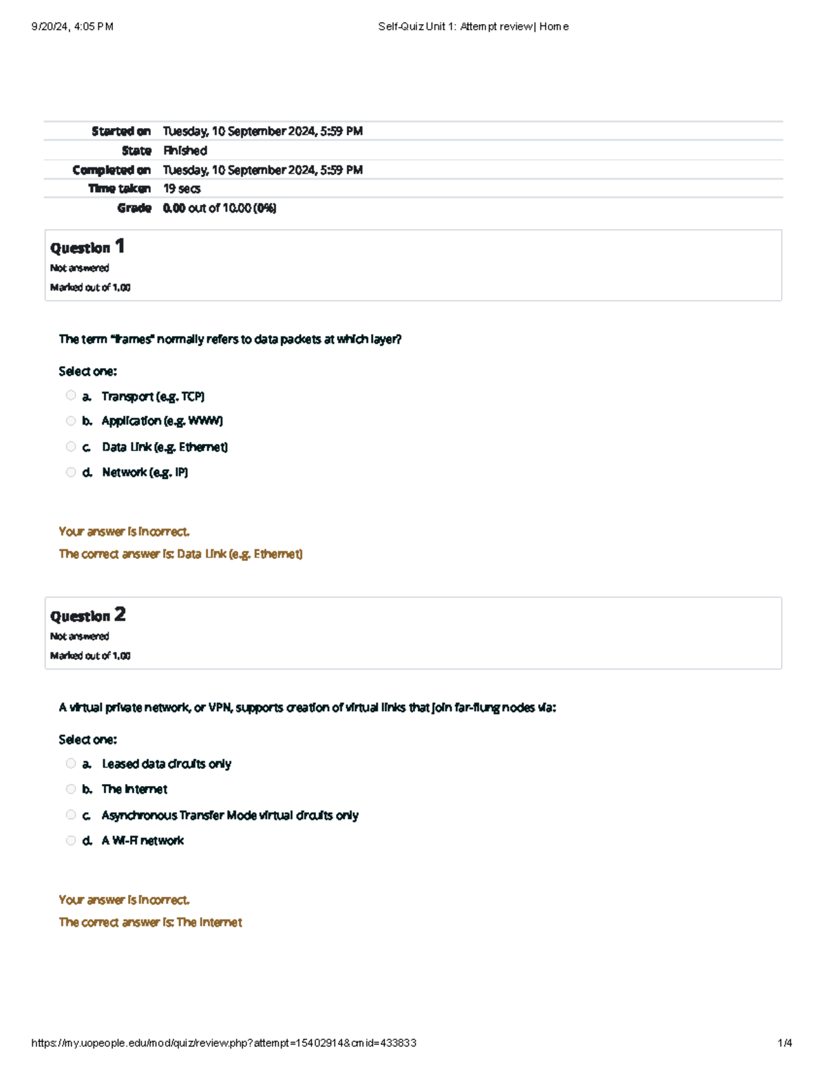 Self-Quiz Unit 1 Attempt review Home - Started on Tuesday, 10 September ...