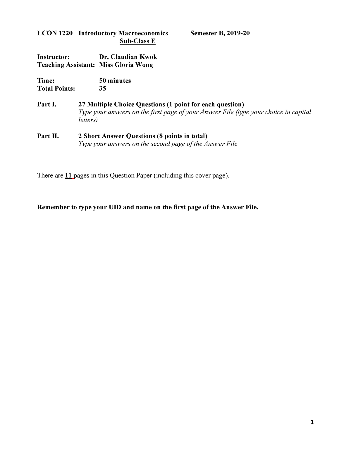 Term Test (Sem B, 2019-20) with Solutiuons - ECON 1220 Introductory ...