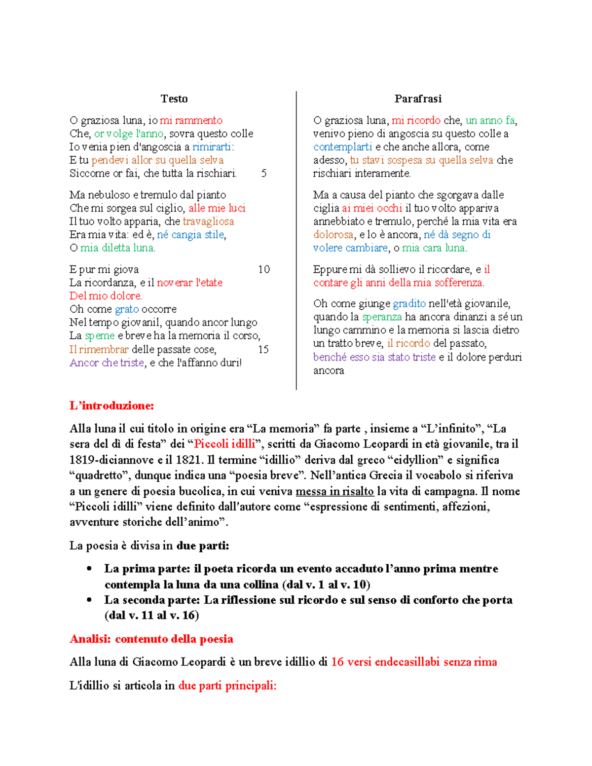 Alla Luna - Summary Canti - Testo O graziosa luna, io mi rammento Che ...