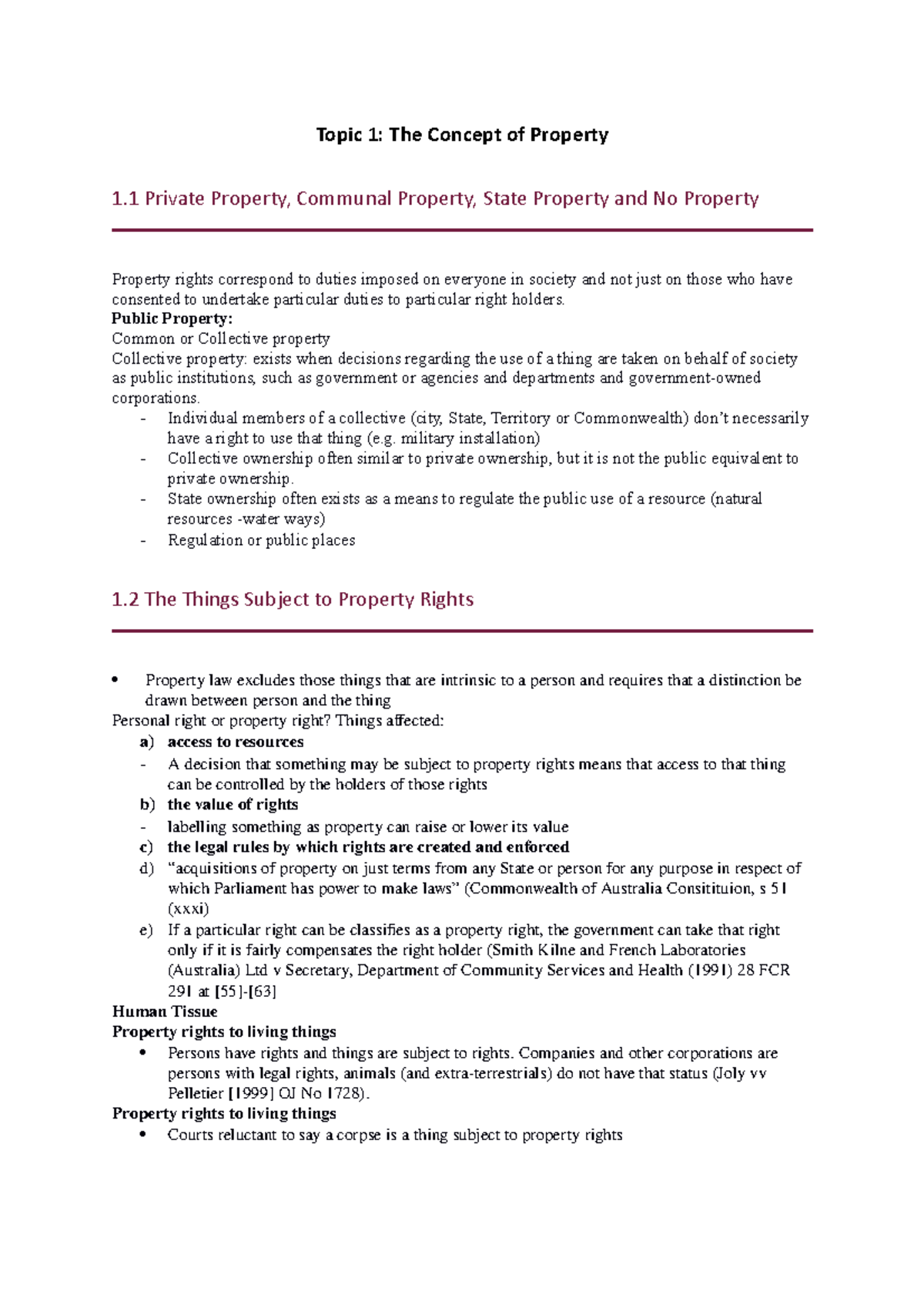 EXAM Notes - Summary Foundations Of Property Law - Topic 1: The Concept ...