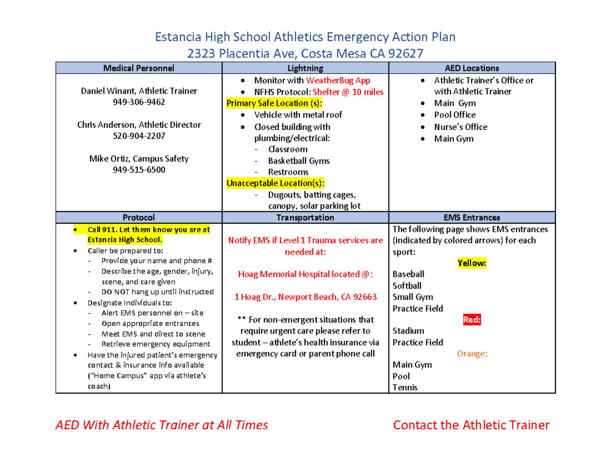 EHS EAP EAP Estancia High School Athletics Emergency Action Plan