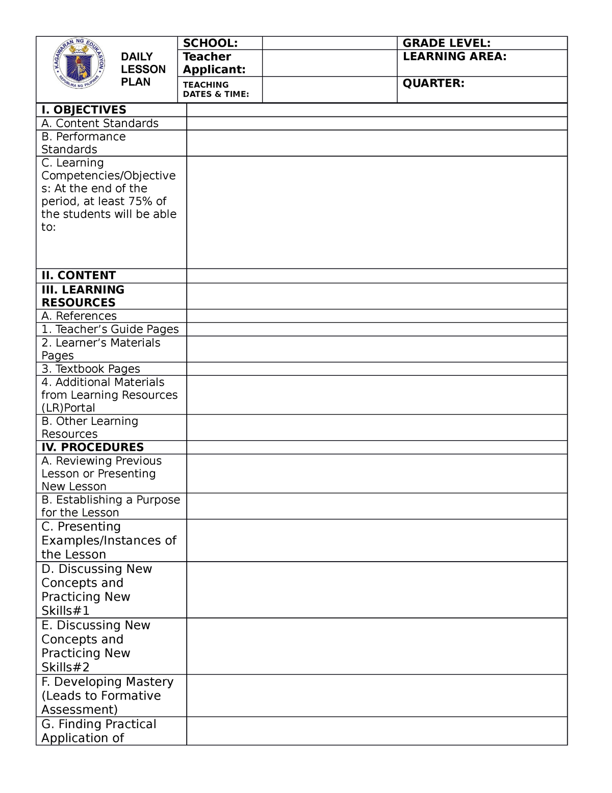 DLP Blank - sample lesson plan - DAILY LESSON PLAN SCHOOL: GRADE LEVEL ...