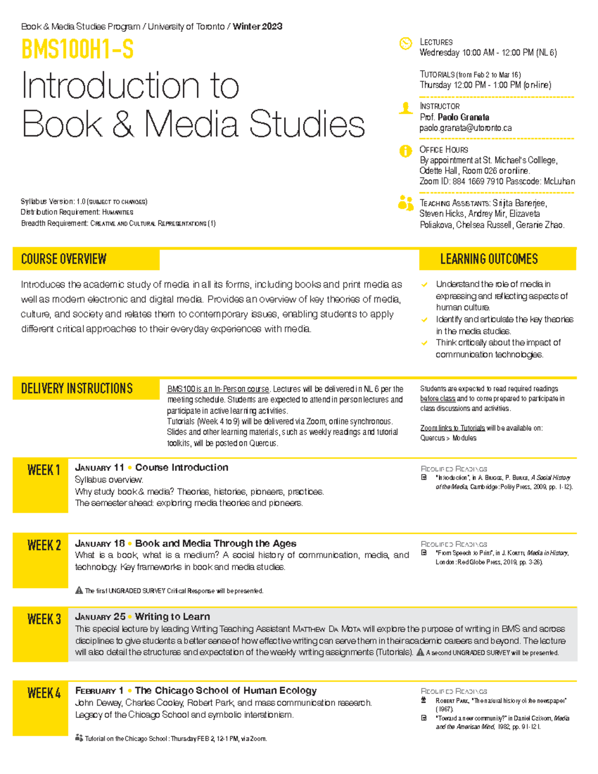 BMS100 Syllabus - Summary Introduction To Books And Media Studies - L ...