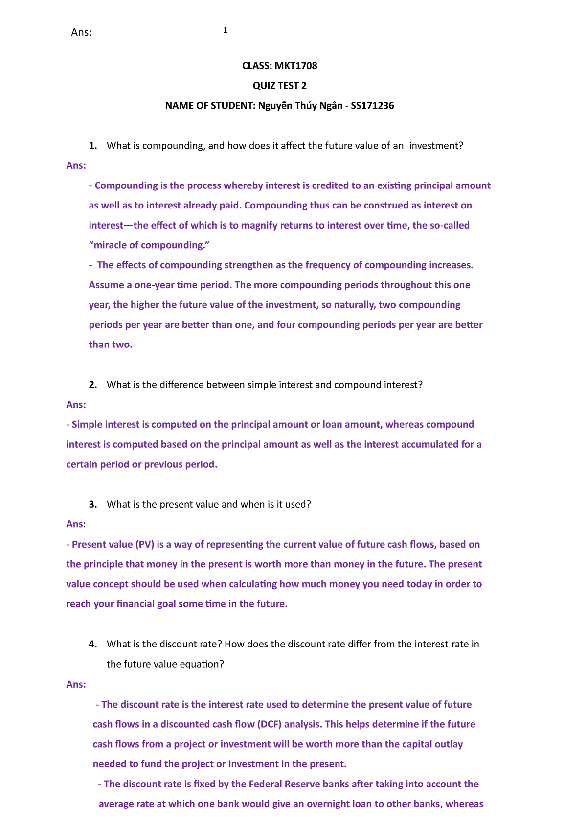 FIN202- Quiz Test 2 - BÀI TẬP PRACTISE - CLASS: MKT QUIZ TEST 2 NAME OF ...