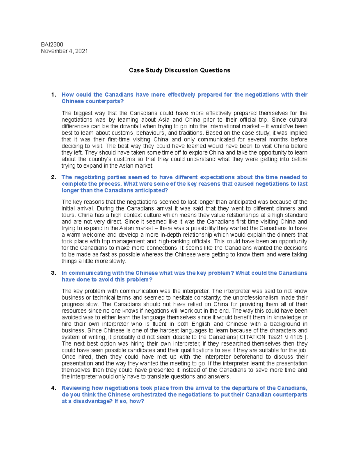 Case Study 2 Questions BAI November 4, 2021 Case Study Discussion