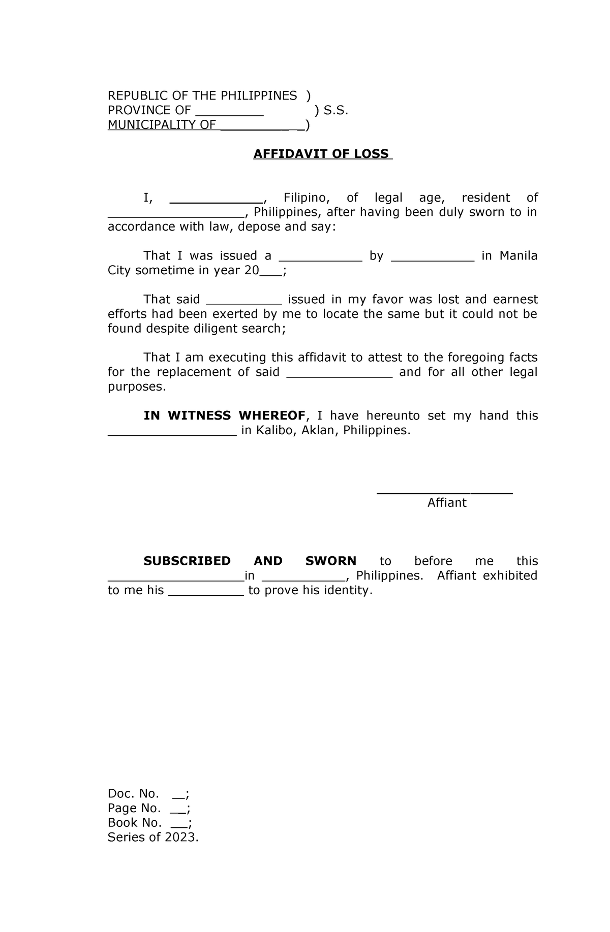 Affidavit Of Loss Template Republic Of The Philippines Province Of S 9118