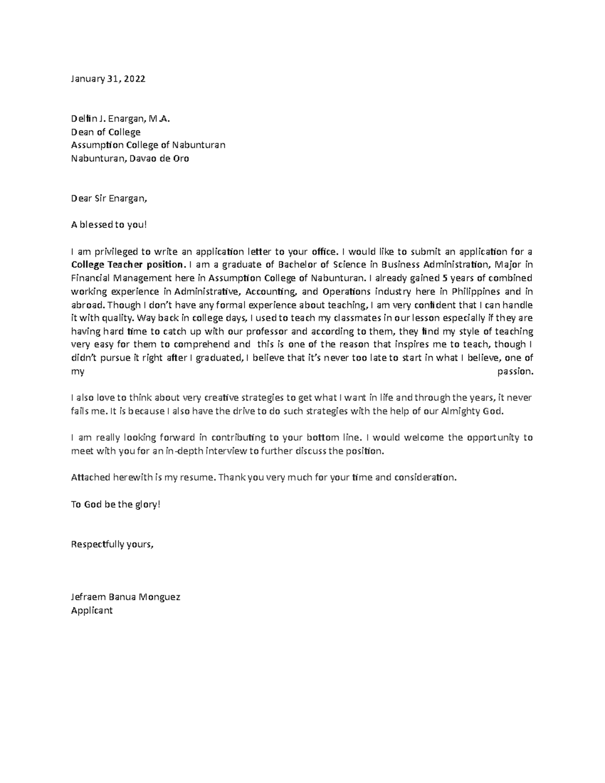 Application Letter - January 31, 2022 Delfin J. Enargan, M. Dean of ...