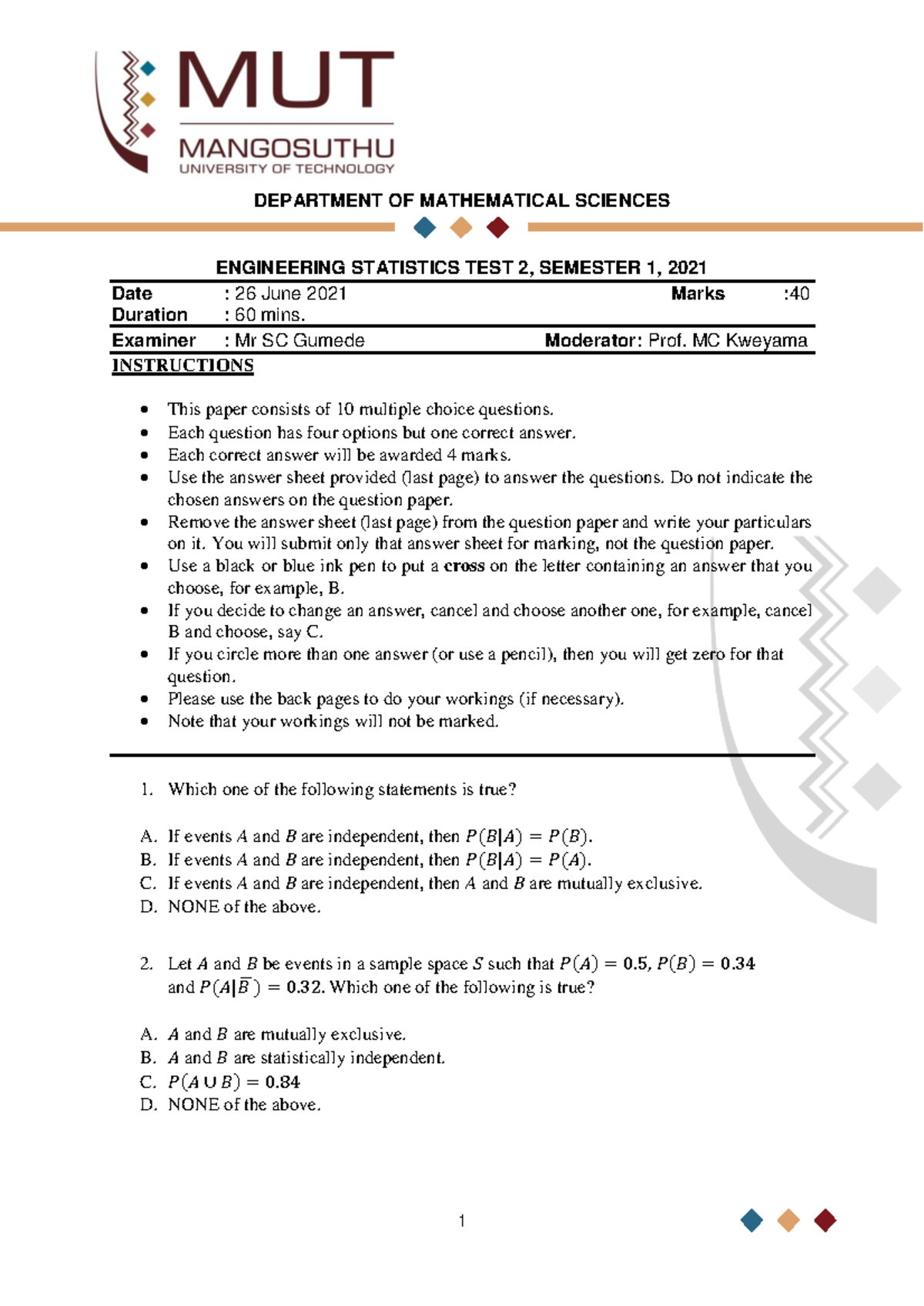 Assessment 2 2021 - MCQ - DEPARTMENT OF MATHEMATICAL SCIENCES ...