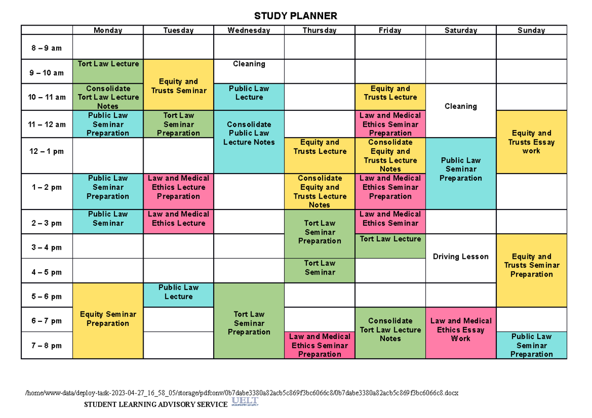 Studyplanner - Study Planner - STUDY PLANNER Monday Tuesday Wednesday ...