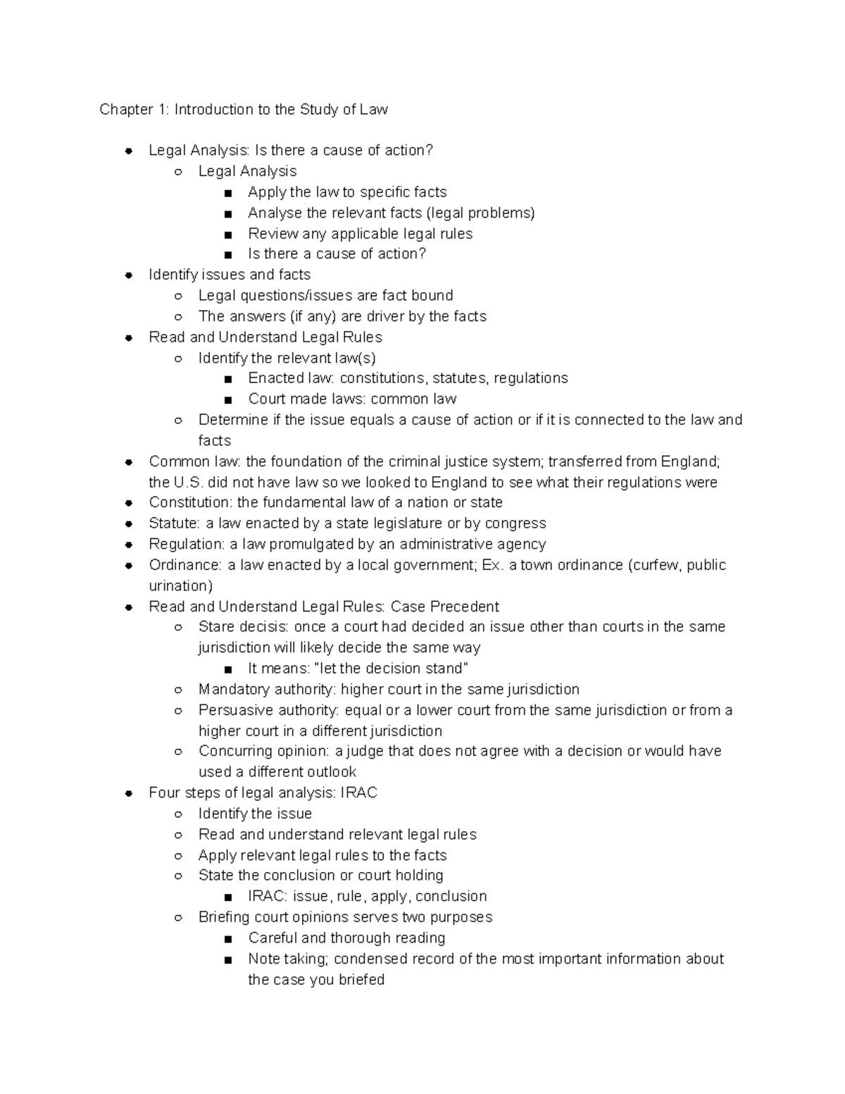 Chapter 1 Introduction to the Study of Law - did not have law so we ...