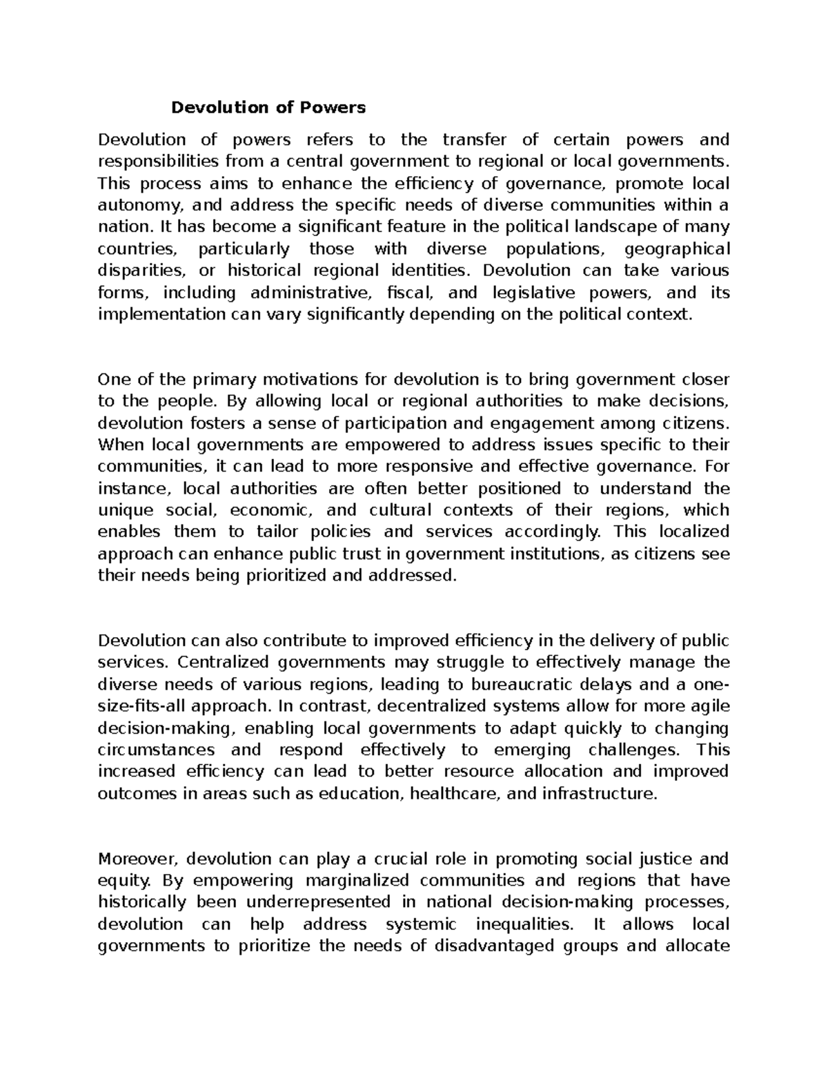 Devolution of powers - Devolution of Powers Devolution of powers refers ...