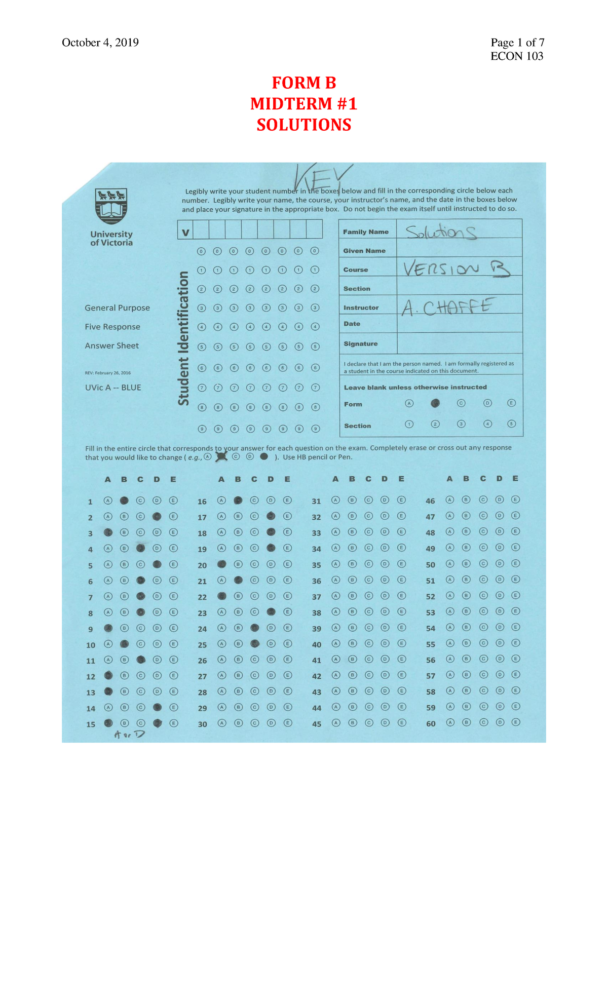 Midterm 1, Version B Questions And Answers - ECON 103 FORM B MIDTERM ...