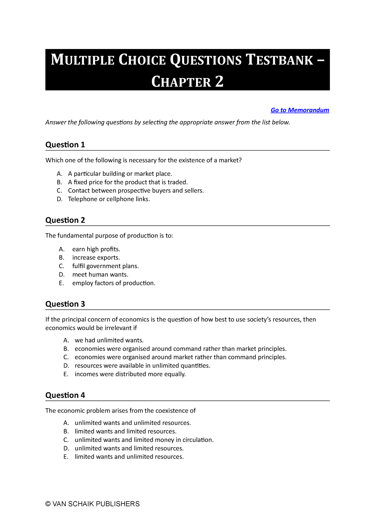 Economics 5 Multiple Choice Questions - MULTIPLE CHOICE QUESTIONS ...