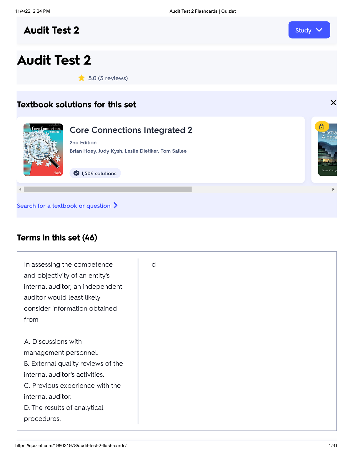 Audit Test 2 Flashcards Quizlet - Audit Test 2 5 (3 Reviews) Textbook ...