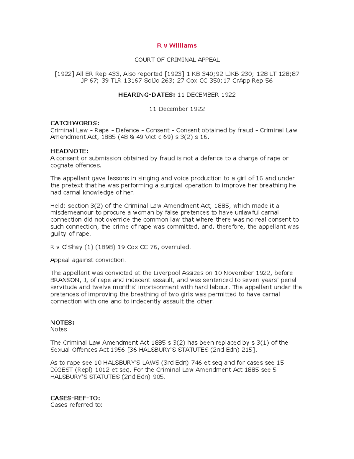 R v Williams Case law R v Williams COURT OF CRIMINAL APPEAL [1922