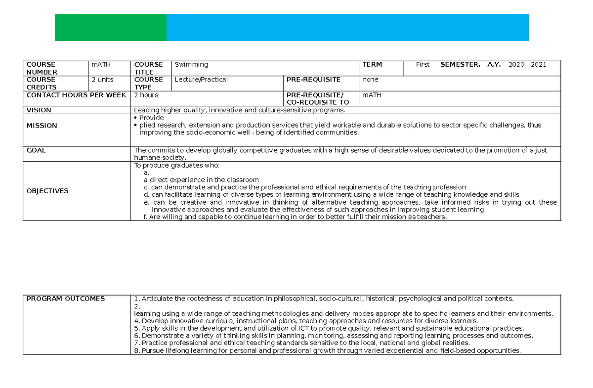 Math Syllabus - SAD - COURSE NUMBER mATH COURSE TITLE Swimming TERM ...
