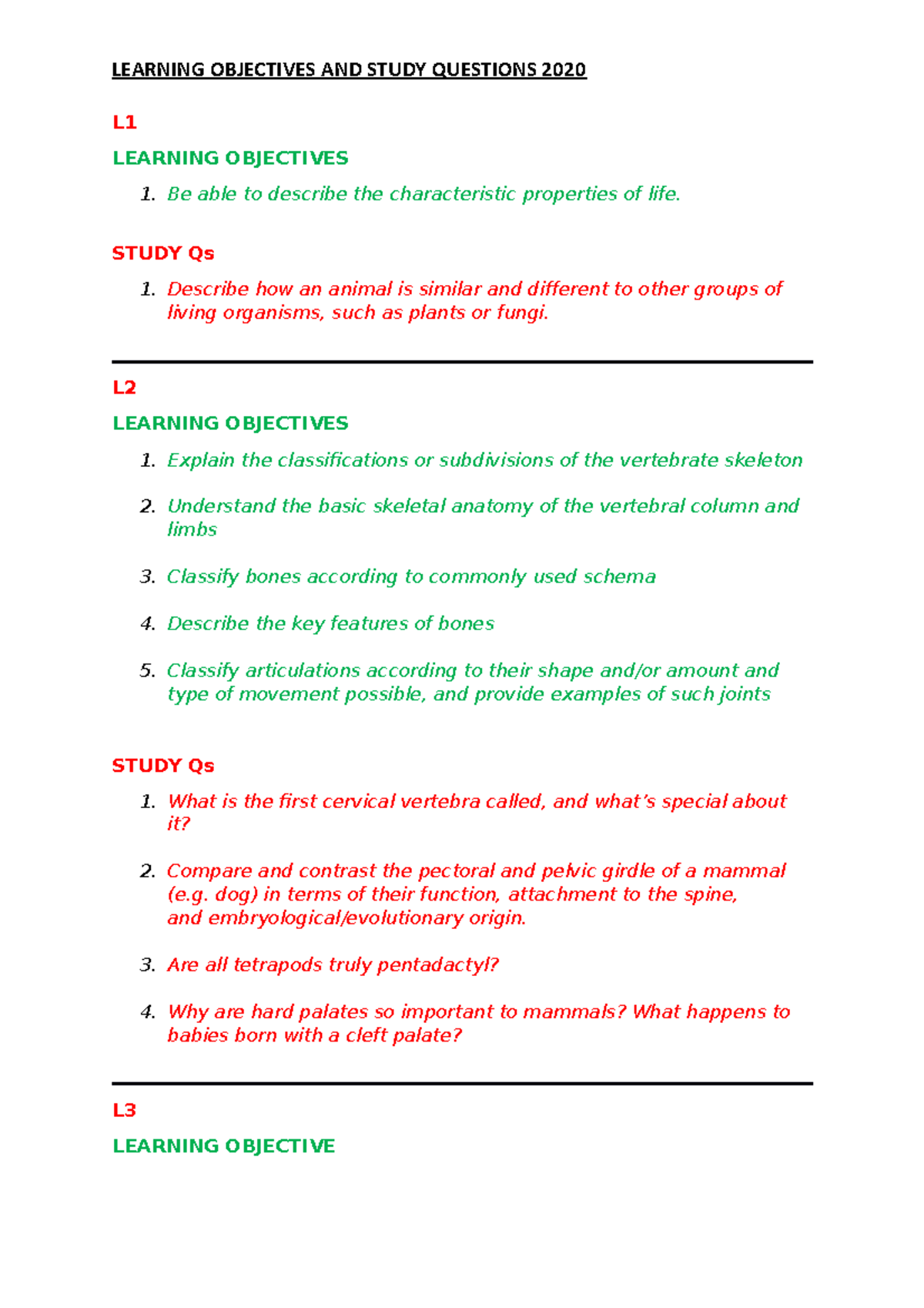 Learning Objectives and Study Questions 2020 - L LEARNING OBJECTIVES Be ...