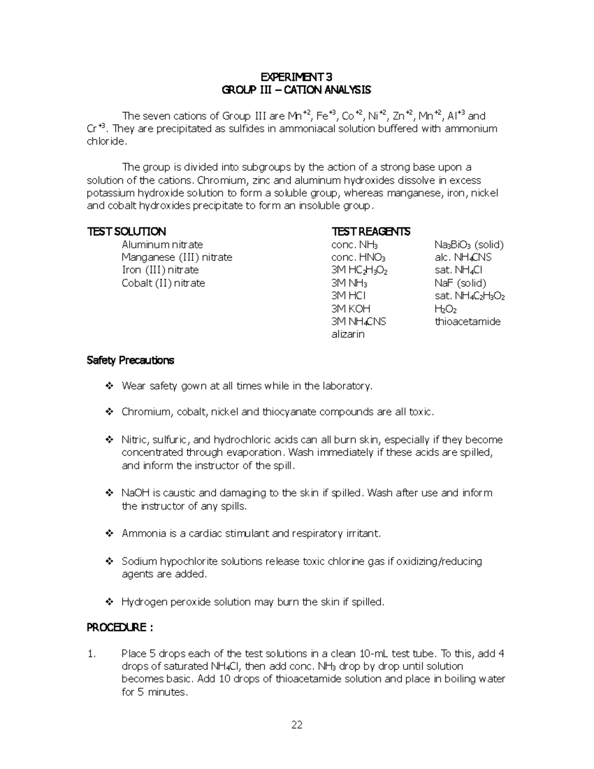 Expt - 3 - Group - III - Cation - Analysis - Medical Technology - StuDocu