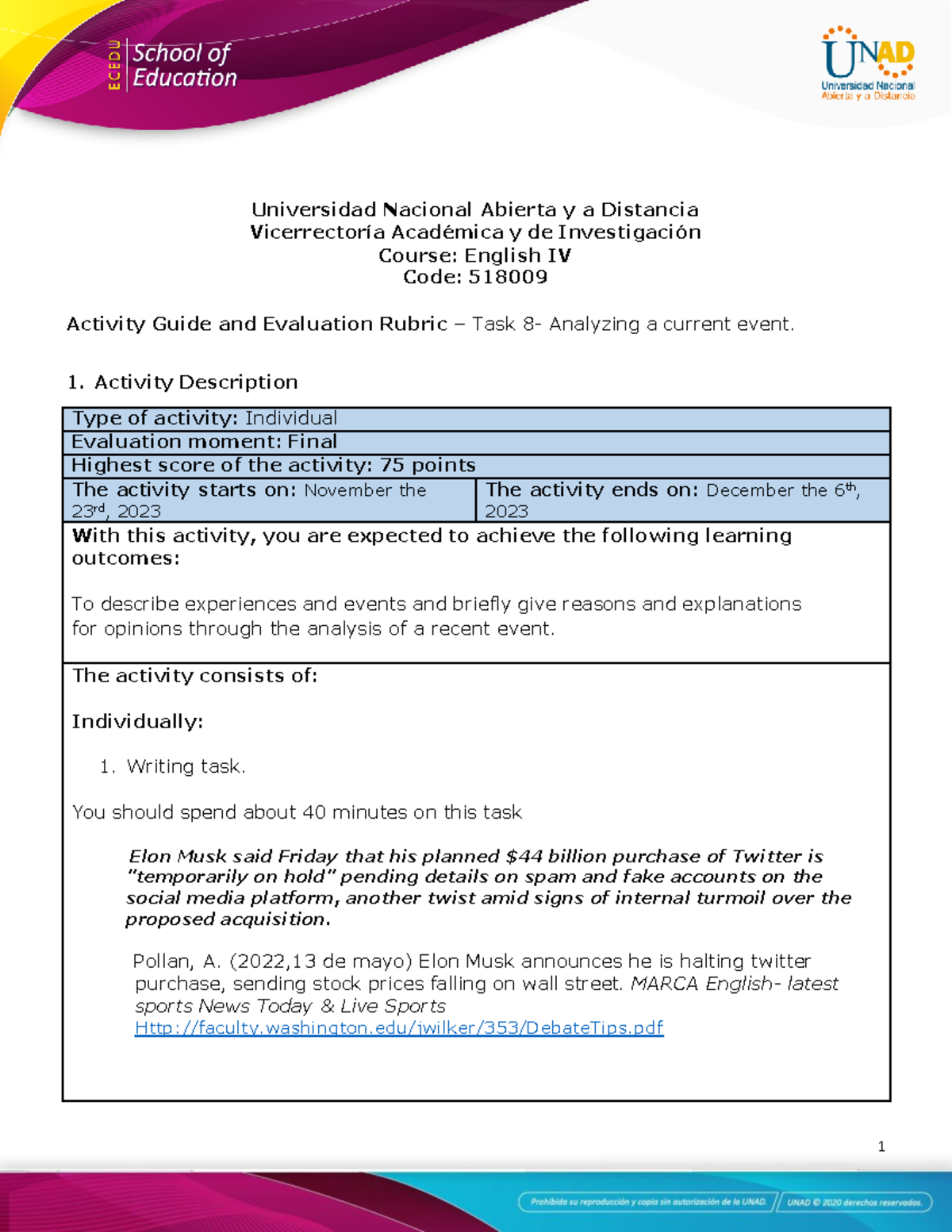 Activities guide and evaluation rubric - Task 8 - Analyzing a current ...