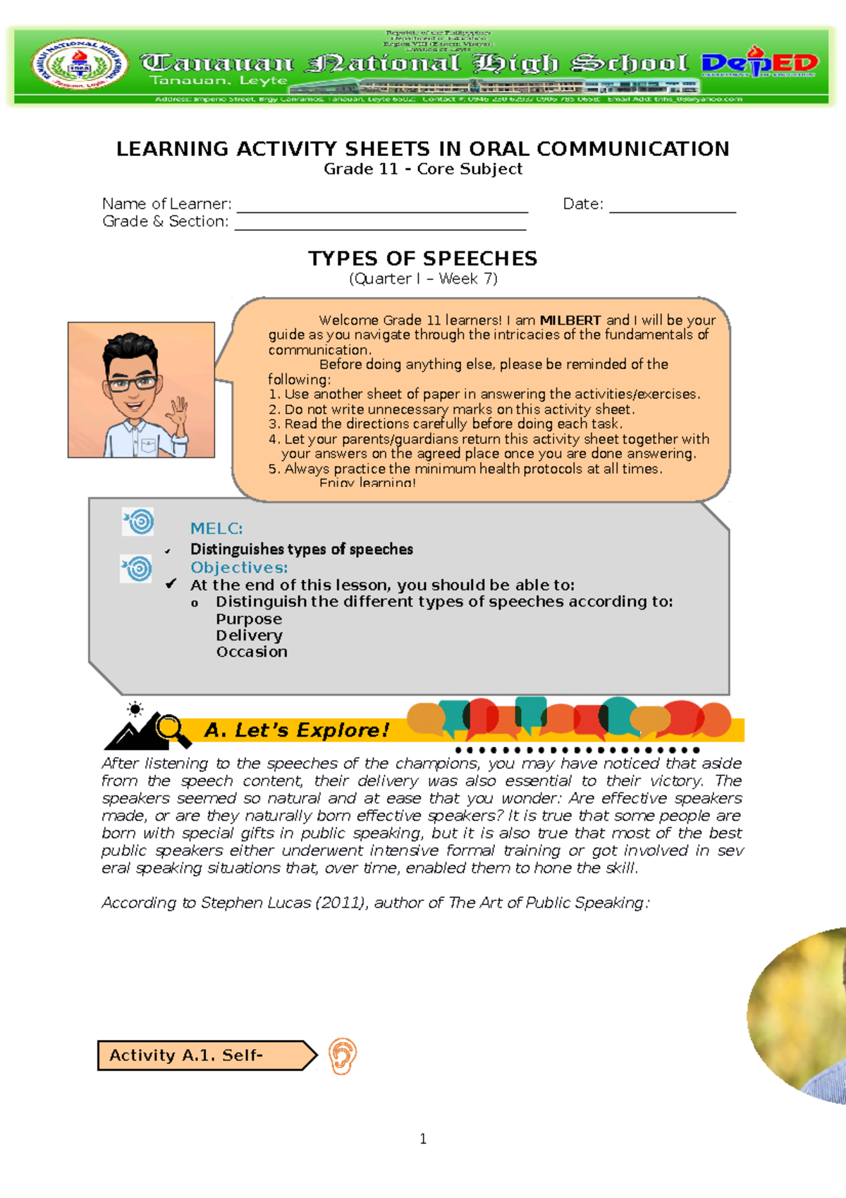 OCC WEEK 7 learning activity sheet LEARNING ACTIVITY SHEETS IN ORAL
