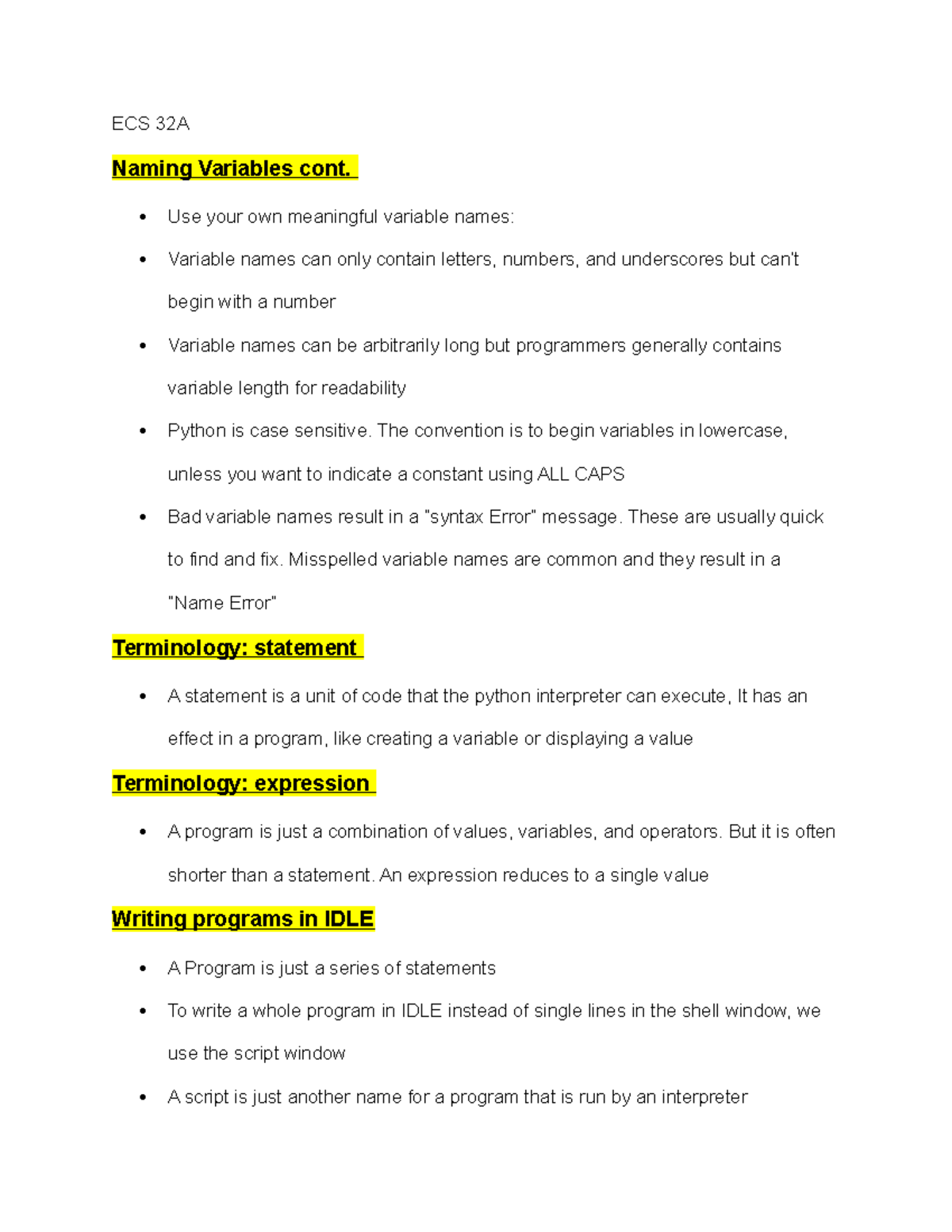ECS 32A Day 8 - Writing programs in IDLE - ECS 32A Naming Variables ...