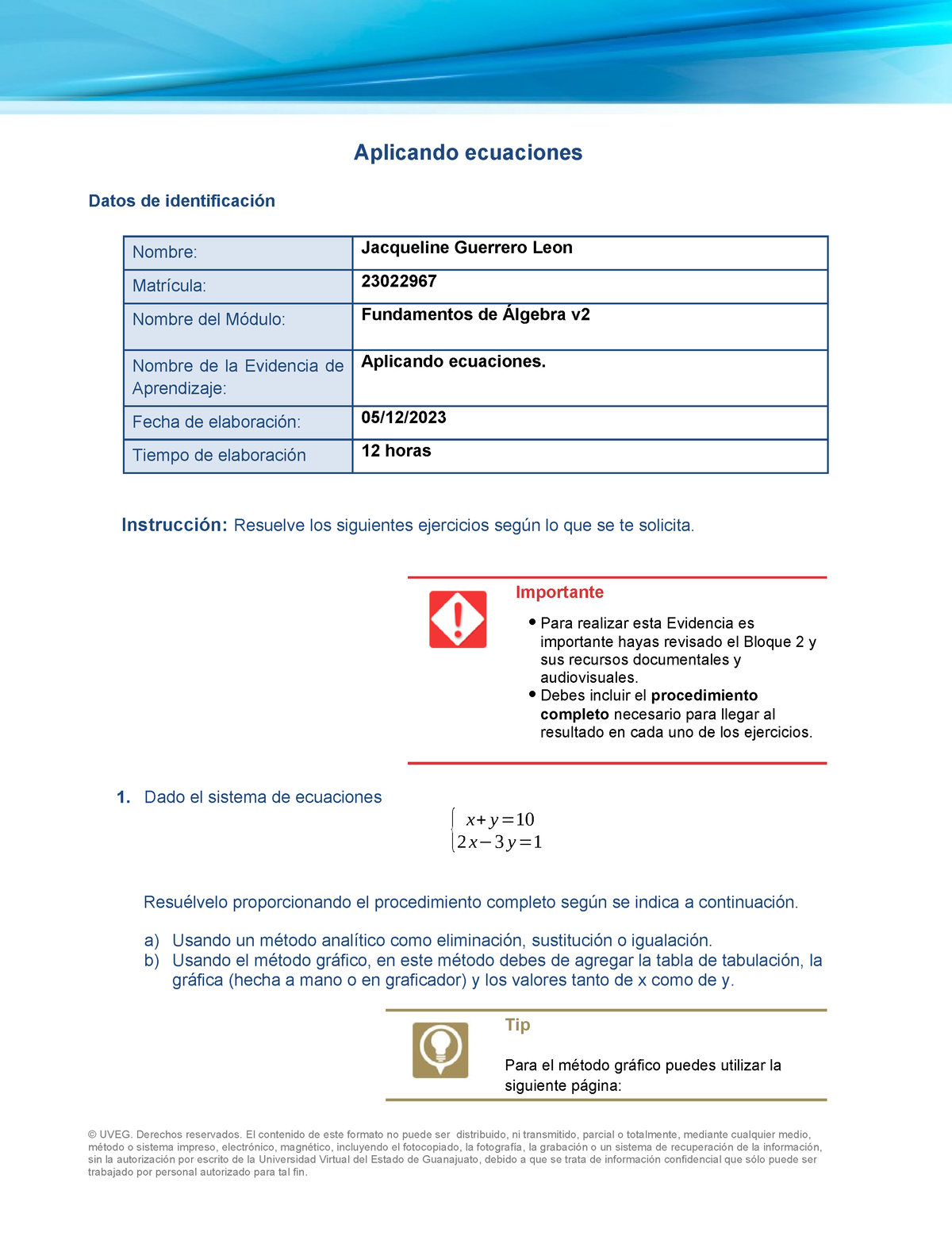 B2 EA2 Ecuaciones - Aplicando Ecuaciones Datos De Identificación Nombre ...