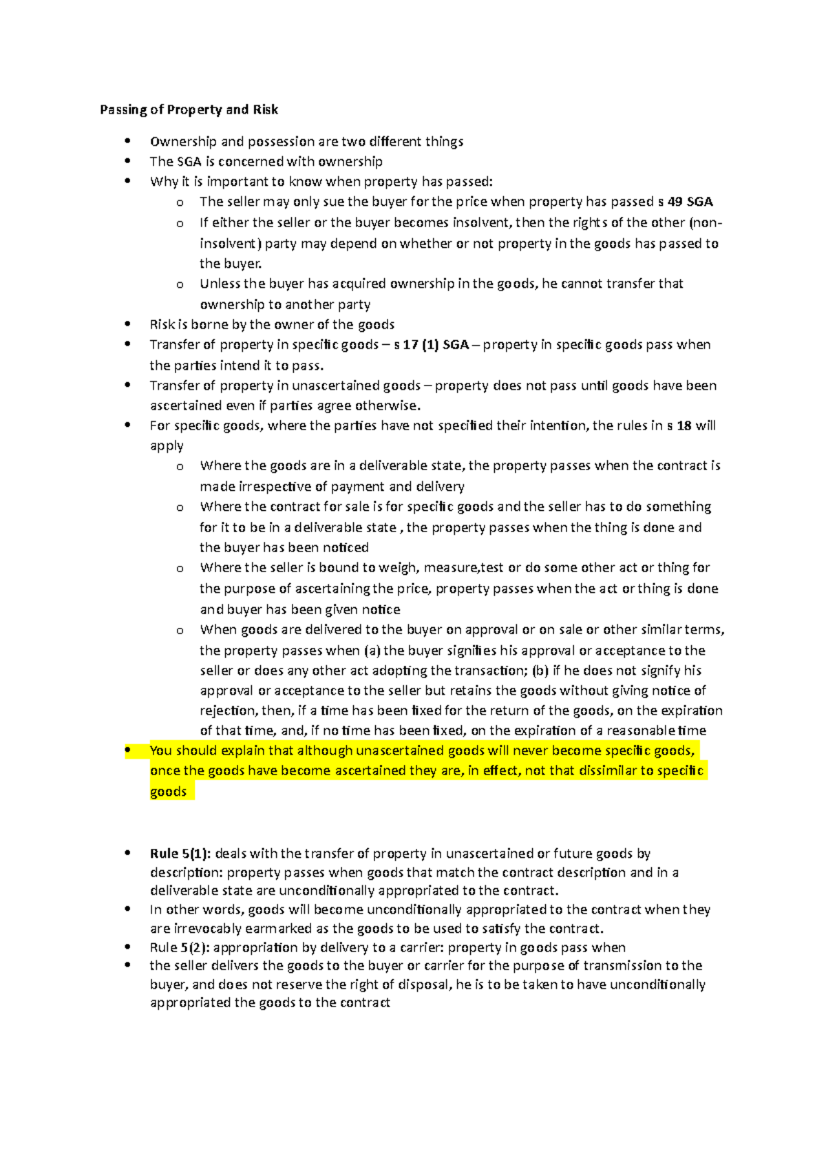Passing of Property and Risk - Revision - Passing of Property and Risk ...