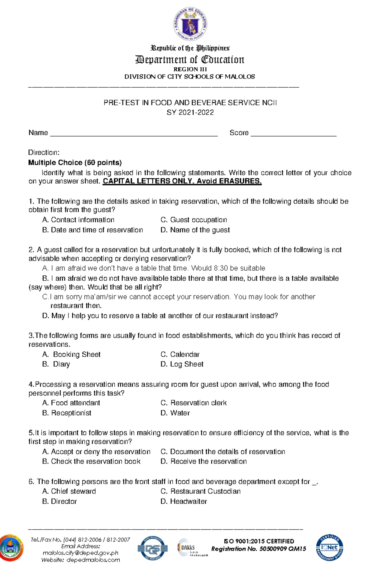 11 FBS DAT EXAM pre test Department of Education REGION III