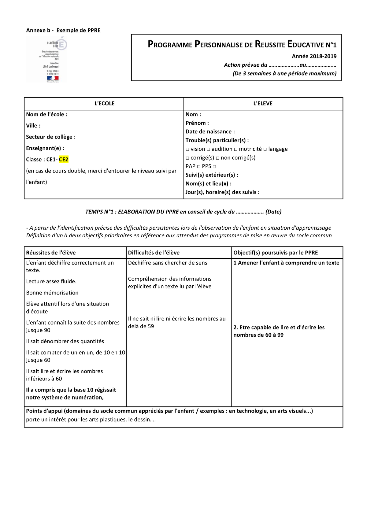 Exemple de PPRE 2018 - test - Annexe b - Exemple de PPRE LECOLE LELEVE  Nom de lécole : Ville : - Studocu