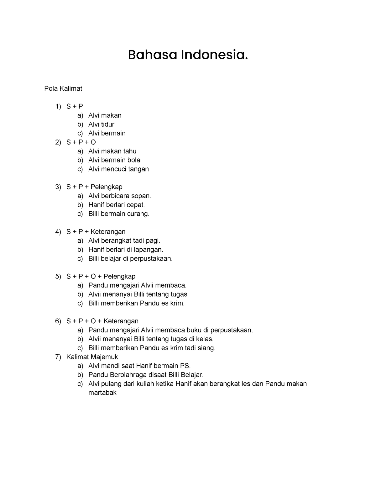 Pola Kalimat - Bahasa Indonesia. Pola Kalimat S + P A) Alvi Makan B ...