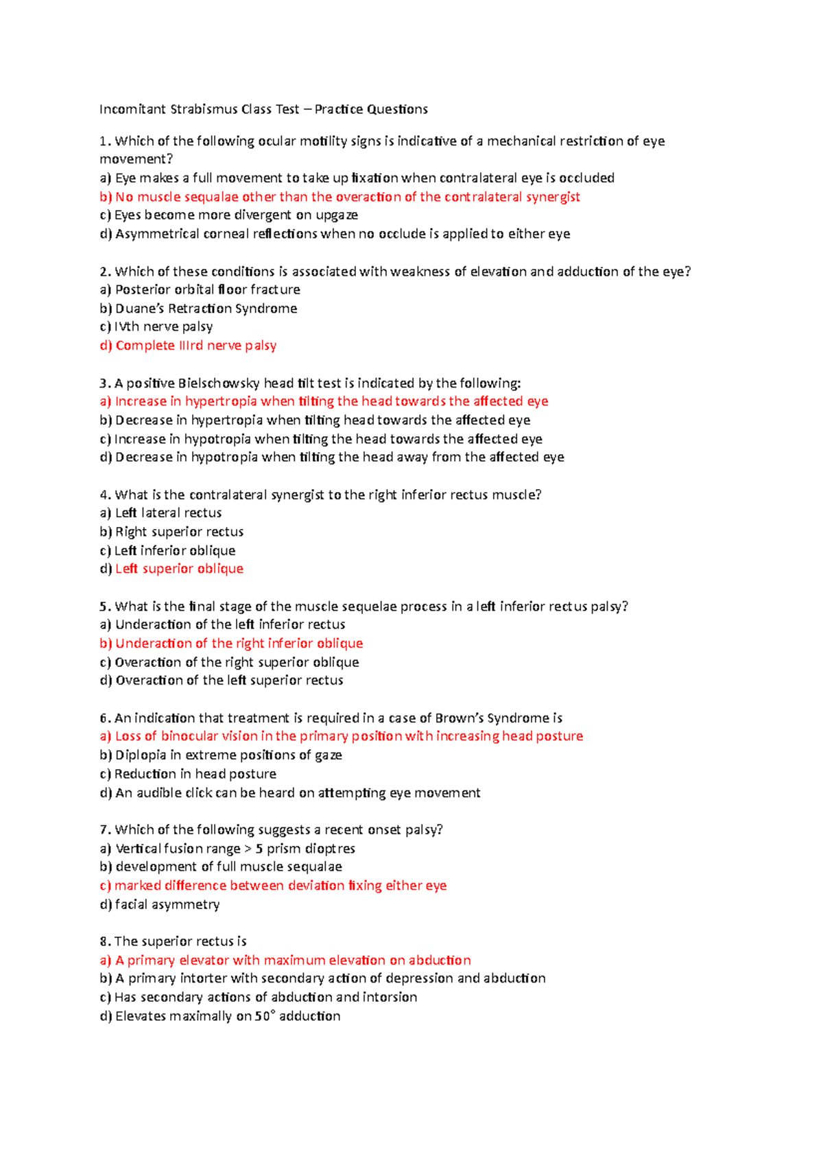 Incomitant Strabismus Class Test - Which statement is ONLY valid to ...