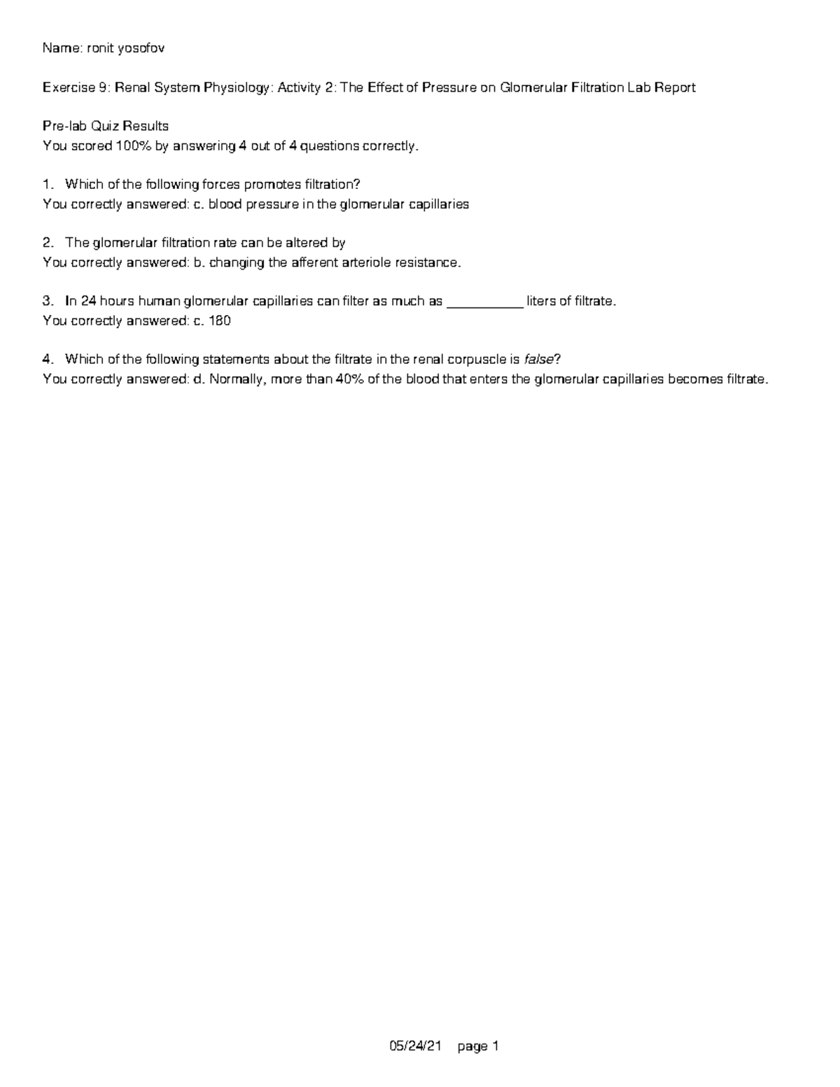PEX0902 The Effect of Pressure on Glomerular Filtration Lab Report