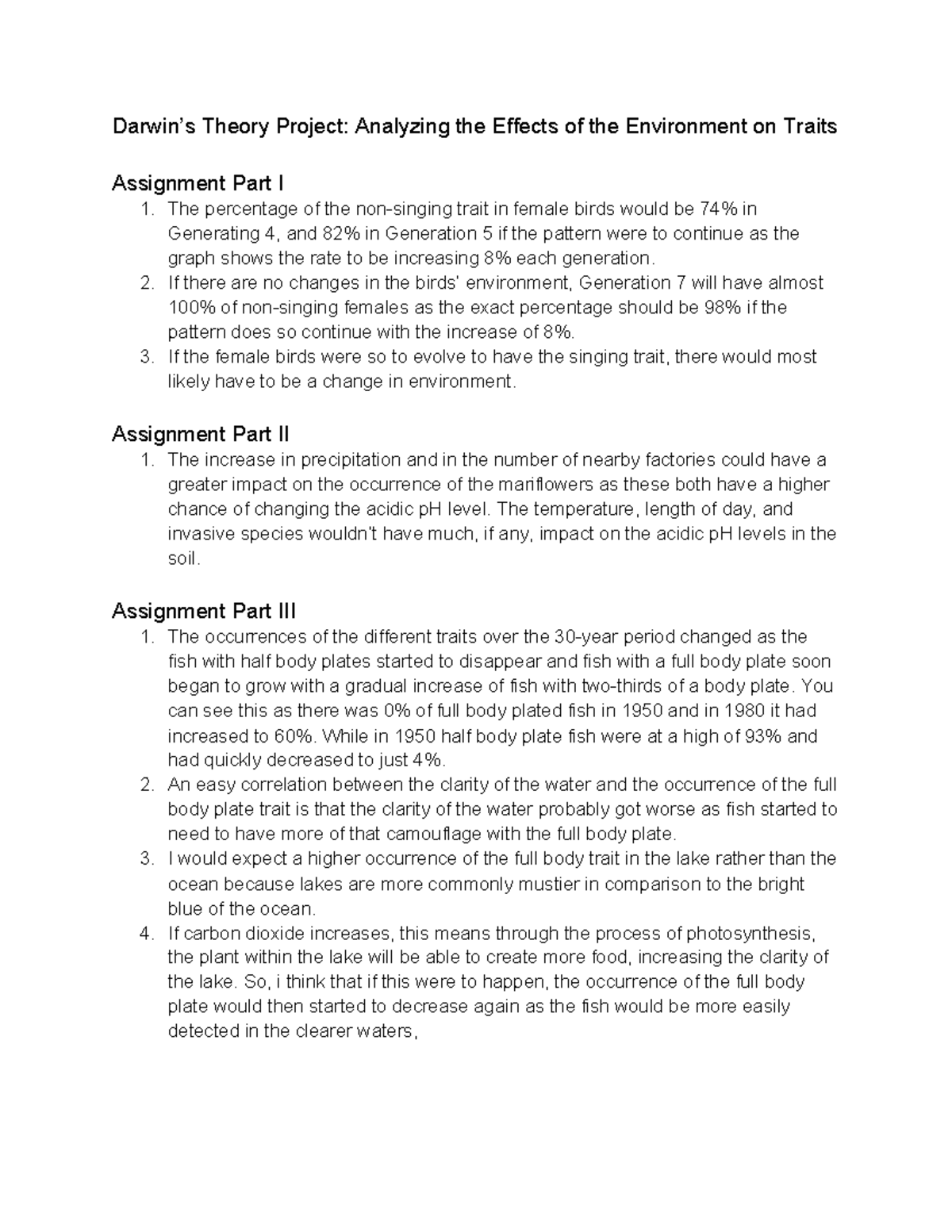Darwin s Theory Project Analyzing the Effects of the Environment on ...