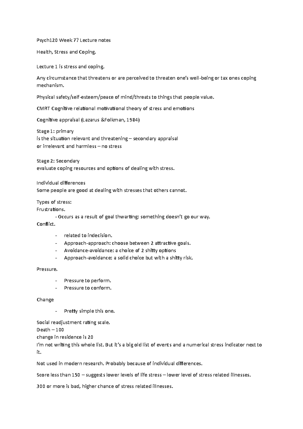 Health, Stress anc coping pt1 - Psych120 Week 7? Lecture notes Health ...