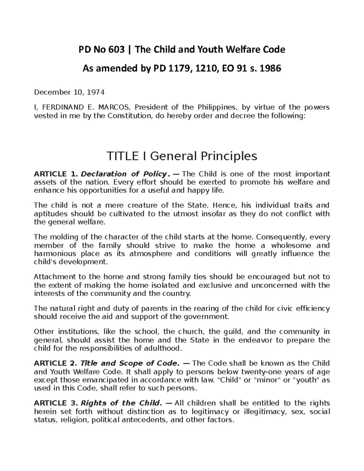 PD No 603 The Child and Youth Welfare Code As amended by PD 1179