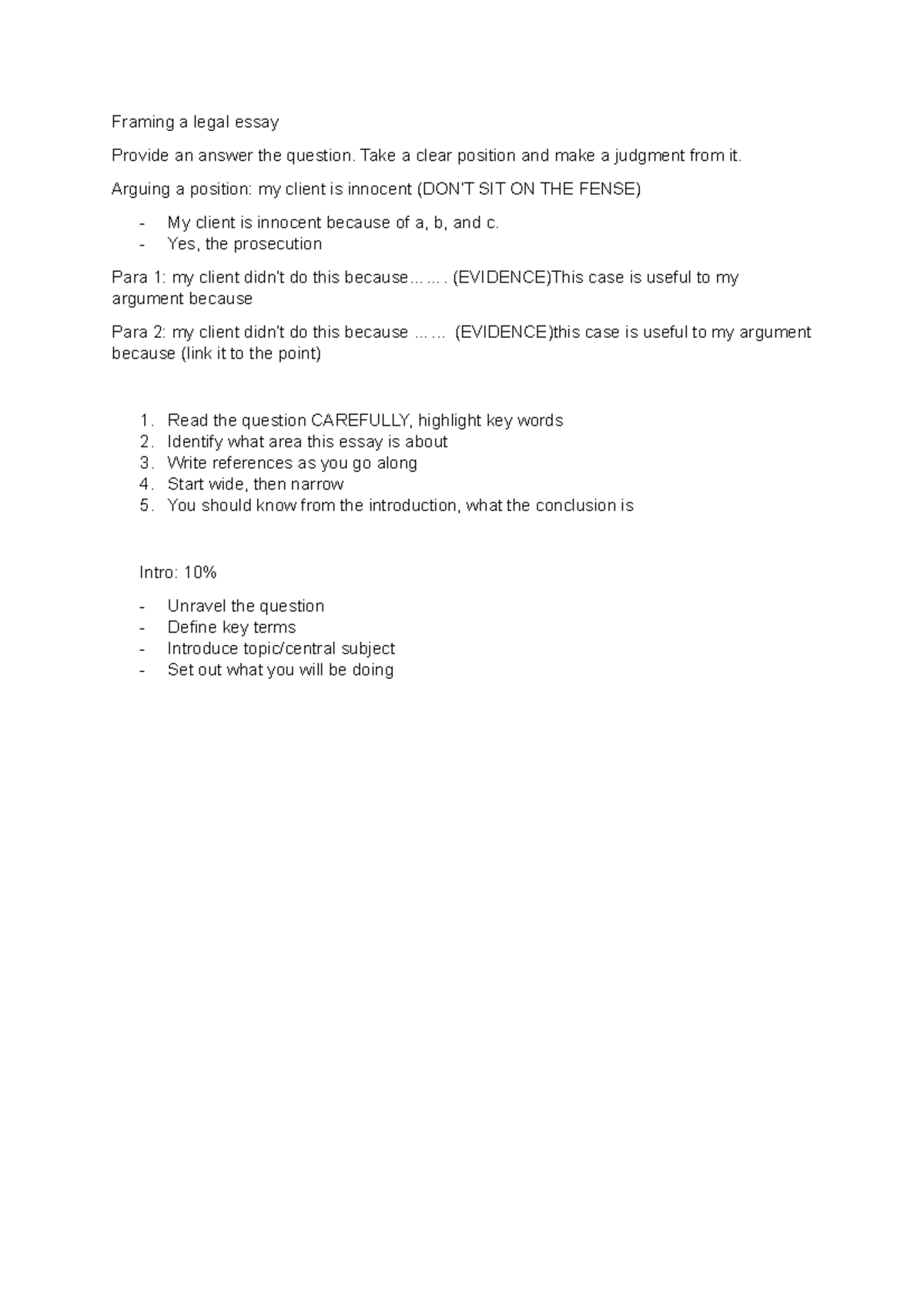 Framing a legal essay Framing a legal essay Provide an answer the