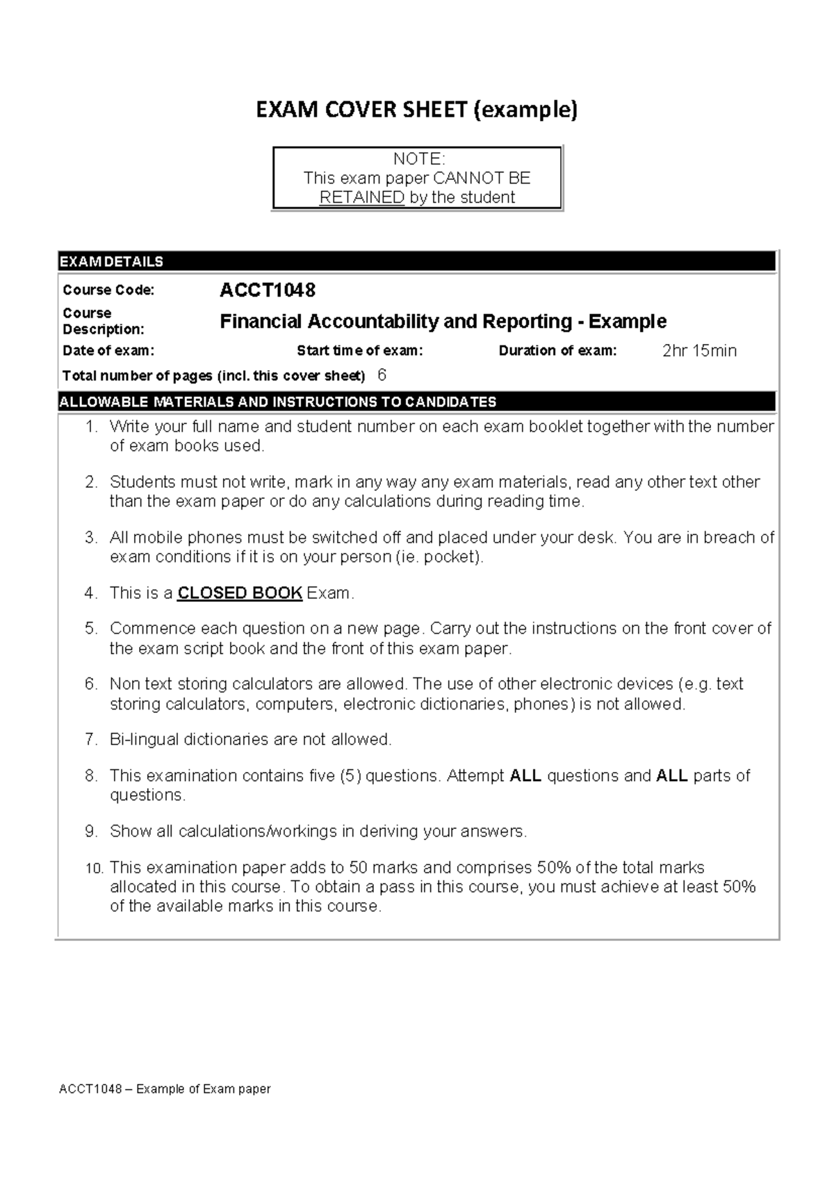 2016 ACCT1048 Example of exam solutions - EXAM COVER SHEET (example ...