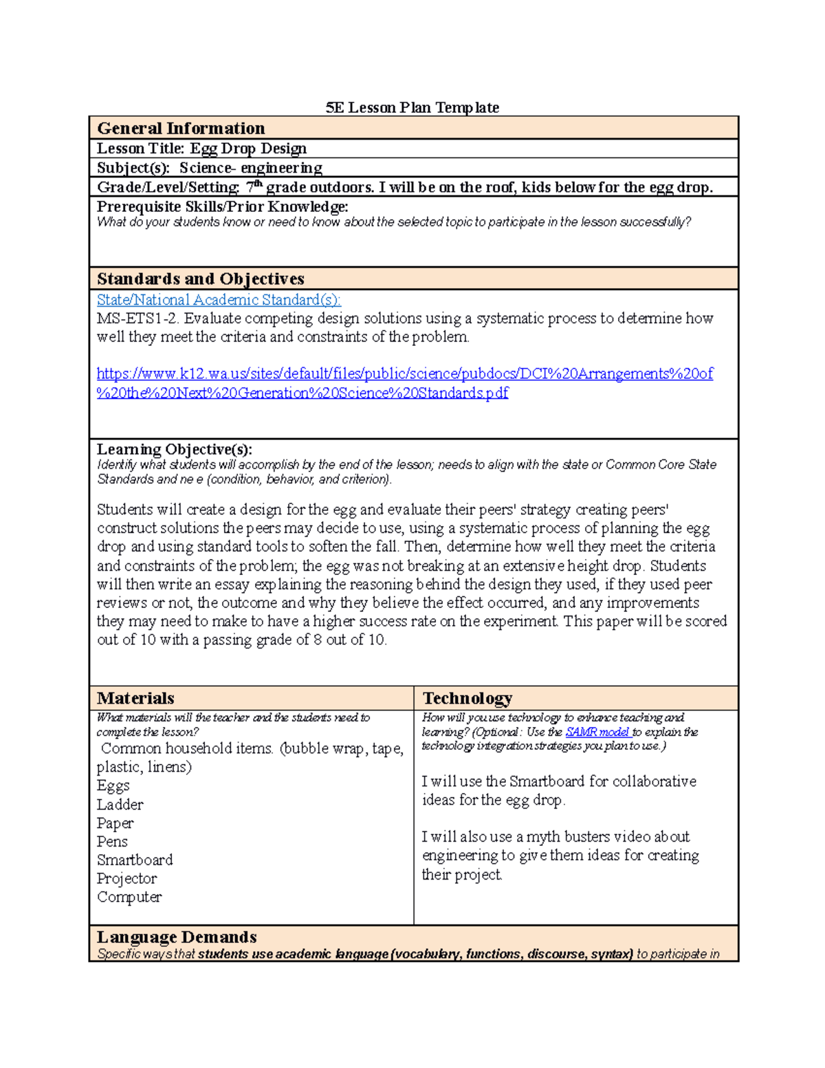 WGU 5E Lesson Plan Template 5E Lesson Plan Template General