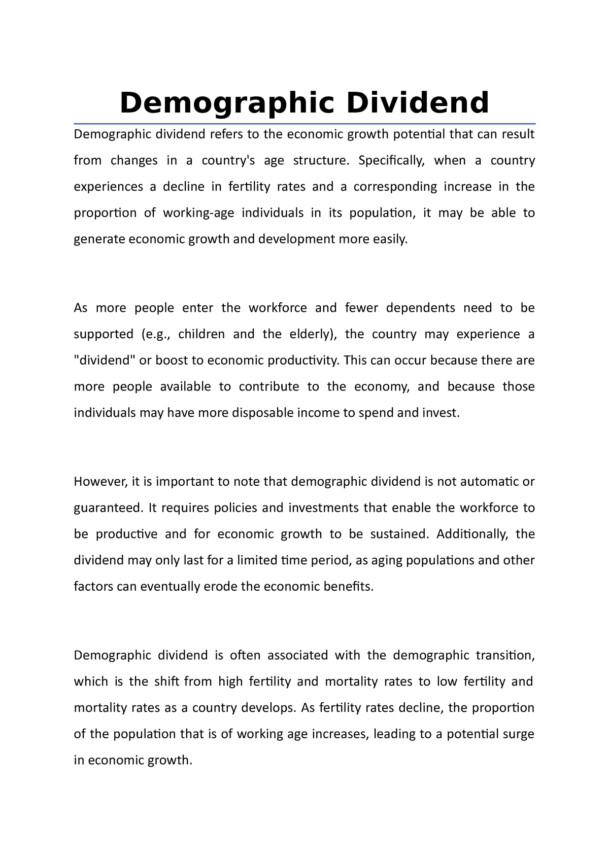 Brief Note On Demographic Dividend - Demographic Dividend Demographic ...