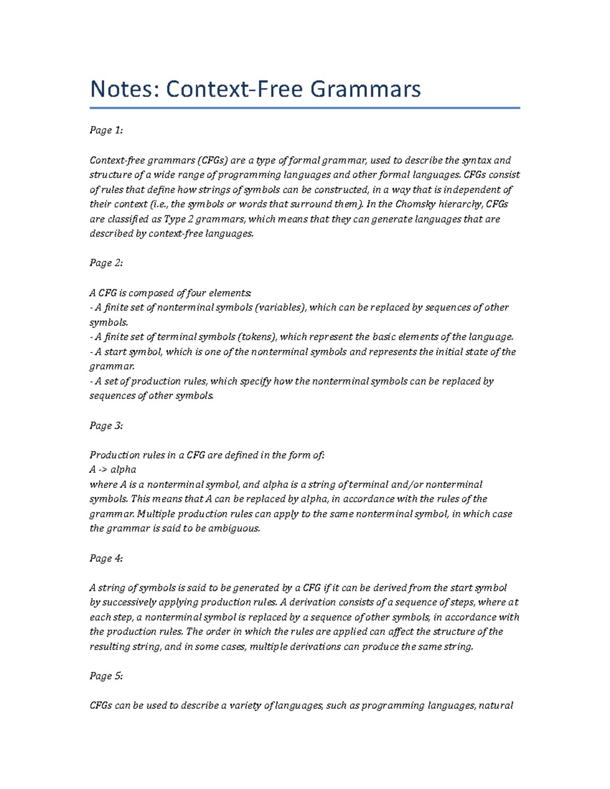 Lecture Notes - Context-Free Grammars. - Notes: Context-Free Grammars ...