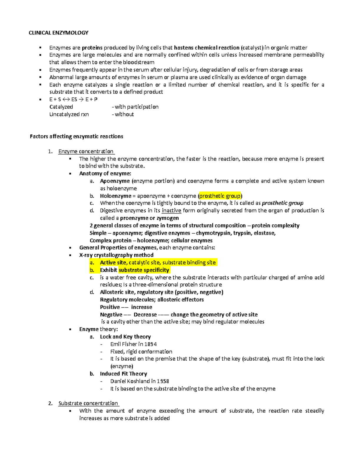 Enzymology - Note - Clinical Chemistry 2 - OLFU - Studocu